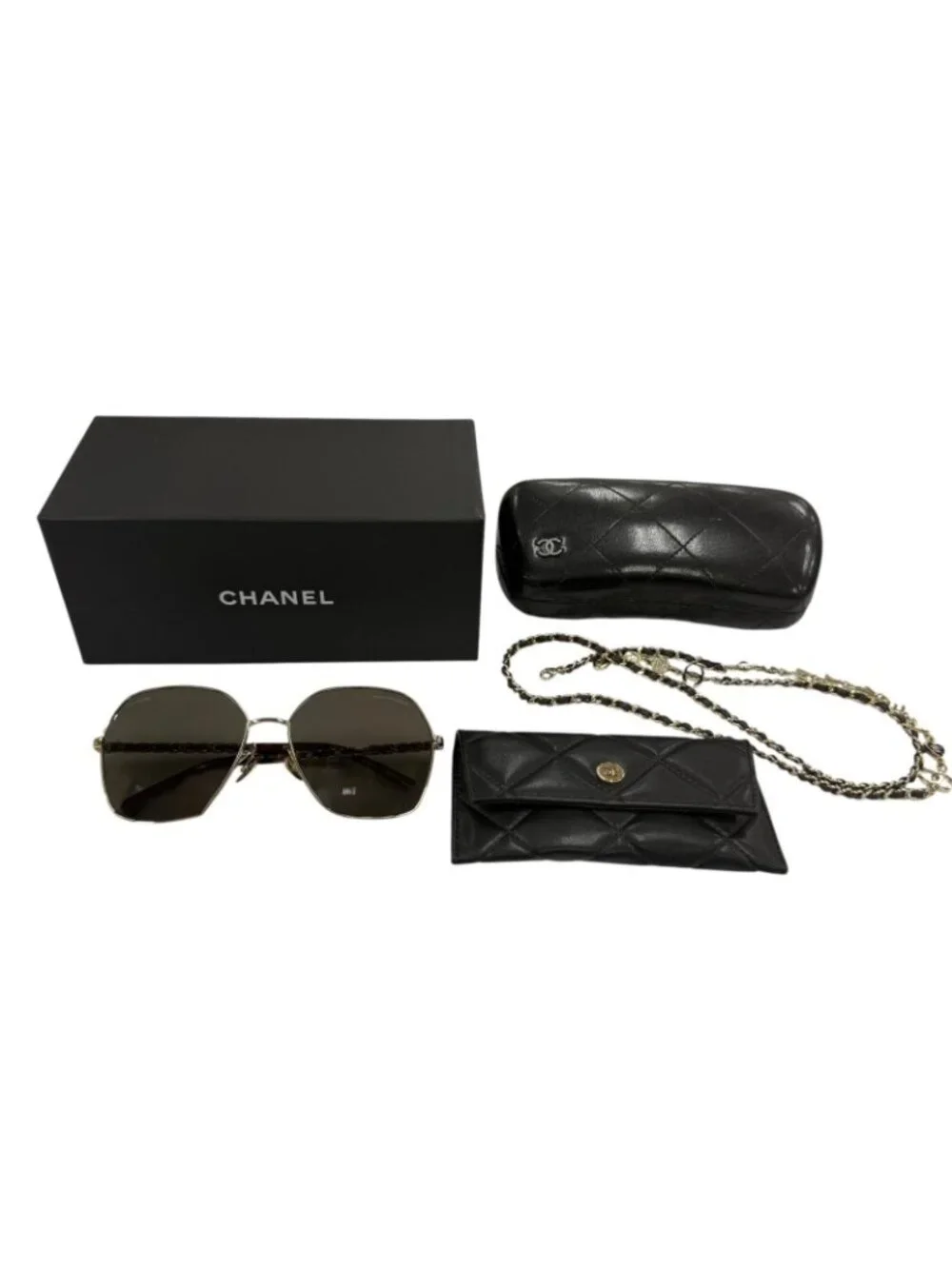Chanel CC Logo Hexagon Chain Sunglasses Gold Black Demo Lens Eyewear